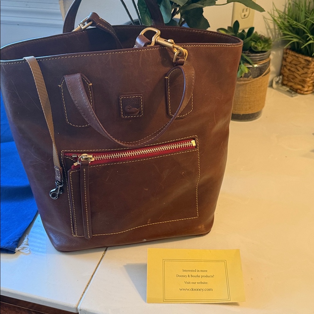 Dooney & Bourke Chestnut Leather Tote with Red Accent - Picture 2 of 4